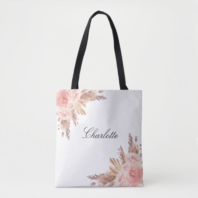 Bolso De Tela Rosa de hierba de pampas dorada floral blanco nomb (Anverso)