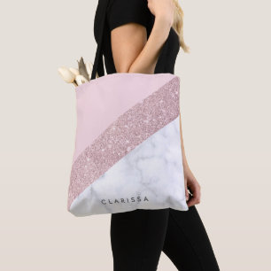 Bolso De Tela rosa de mármol blanco del purpurina color de rosa