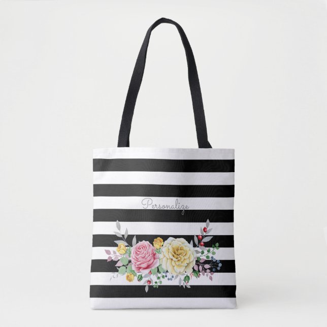 Bolso De Tela Rosa de moda Floral Trendy Black Stripes and Name (Anverso)