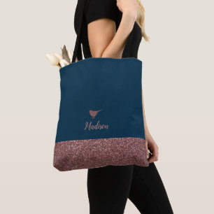 Bolso De Tela Rosa Dorado Brillo Falso Pajarito sobre Azul Marin
