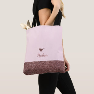Bolso De Tela Rosa Dorado Brillo Falso Pajarito sobre Rosa Claro