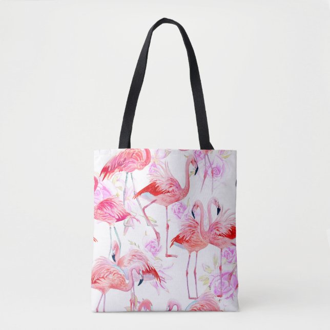 Bolso De Tela Rosa Flamingo: Floral de aves acuáticas (Anverso)