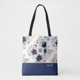 Bolso De Tela Rosa floral azul marino con nombre
