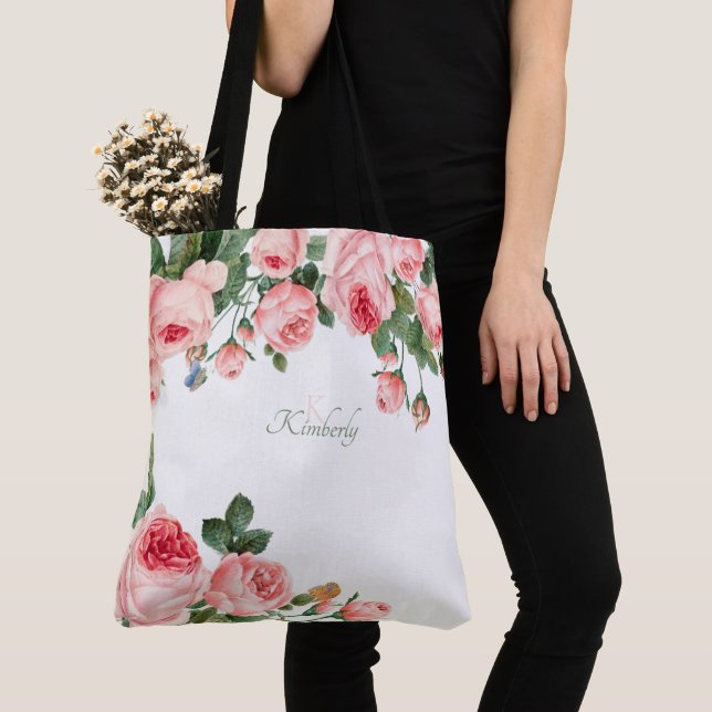 Bolso De Tela Rosa Floral Inicial Monograma Rosado Avergonzado (Detalle)