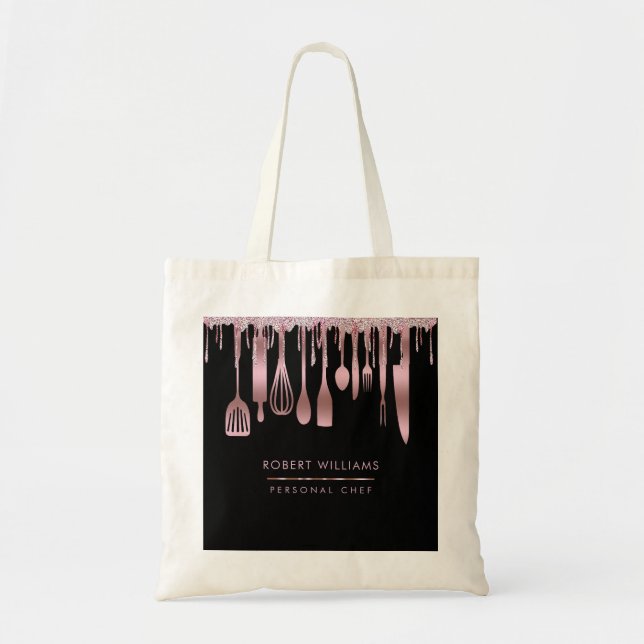 Bolso De Tela Rosa Gold Drip Chef Kitchen Tools Purpurina Faux (Frente)