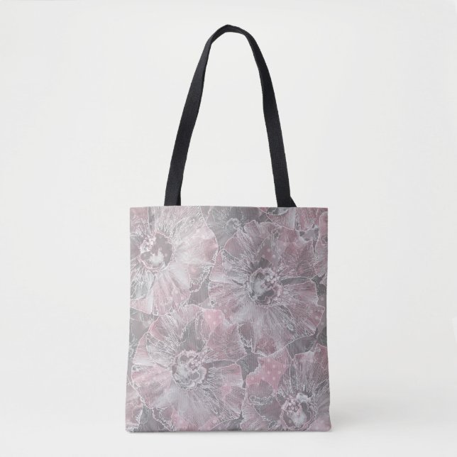 Bolso De Tela Rosa, gris, elegante, grande, flores, rosa, (Anverso)