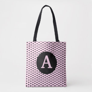 Bolso De Tela Rosa lindo monogramado con puntos de polka negro