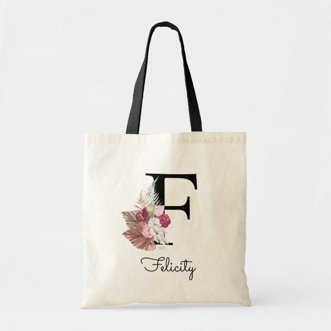 Bolso De Tela Rosa moderno boho floral inicial F (Frente)