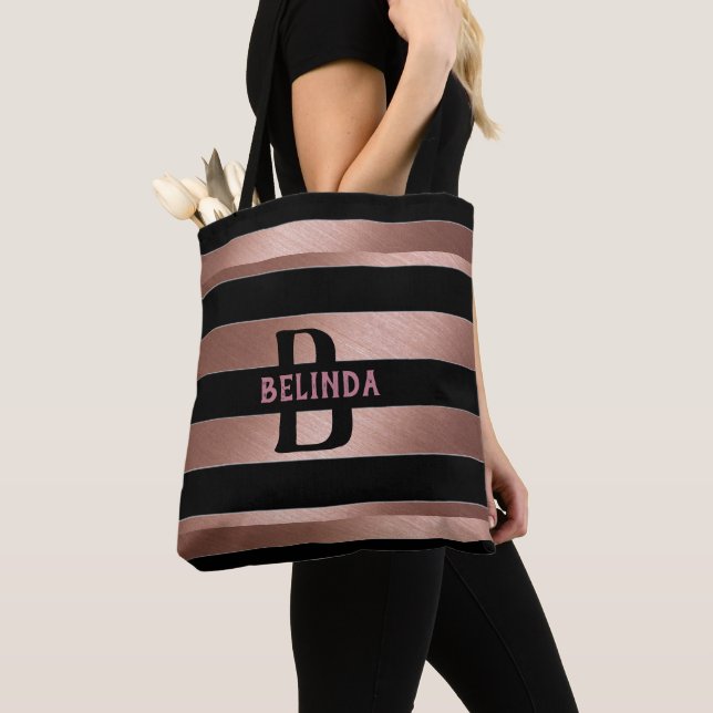 Bolso De Tela Rosa Oro Black Striped Gift Monograma ELLA (Detalle)