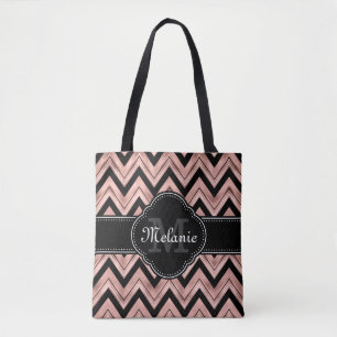 Bolso De Tela Rosa Patrón de cheurón de oro Monograma blanco neg