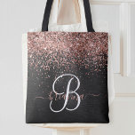 Bolso De Tela Rosa personalizado Purpurina de oro Monograma de e<br><div class="desc">Personalice fácilmente este elegante diseño de moda de bolsos de tote con un purpurina rosa de oro brillante sobre un fondo metálico negro cepillado.</div>