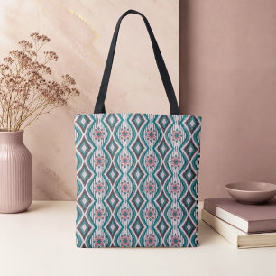 Bolso De Tela Rosa Polvorienta y Diamantes y Flores Turquesa