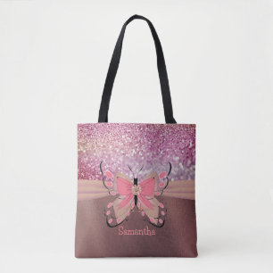 Bolso De Tela Rosa Relieve metalizado dorado Purpurinoso Nombre 