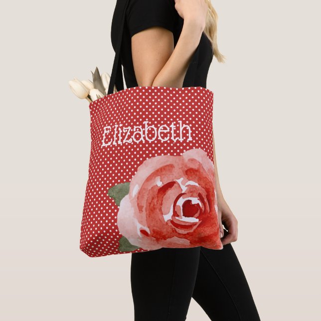 Bolso De Tela Rosa roja sobre puntos de polka rojo y blanco (Detalle)