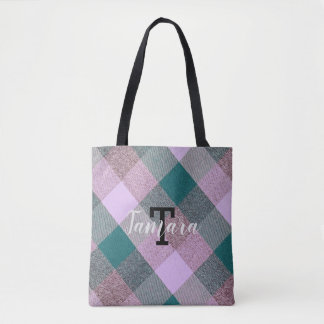 Bolso De Tela Rosa Teal Escocés Monogramado Escandinavo Nombre