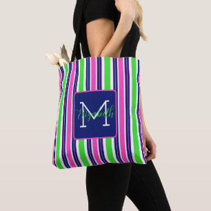 Bolso De Tela Rosa Verde Azul Marino Preppy Raya Monograma