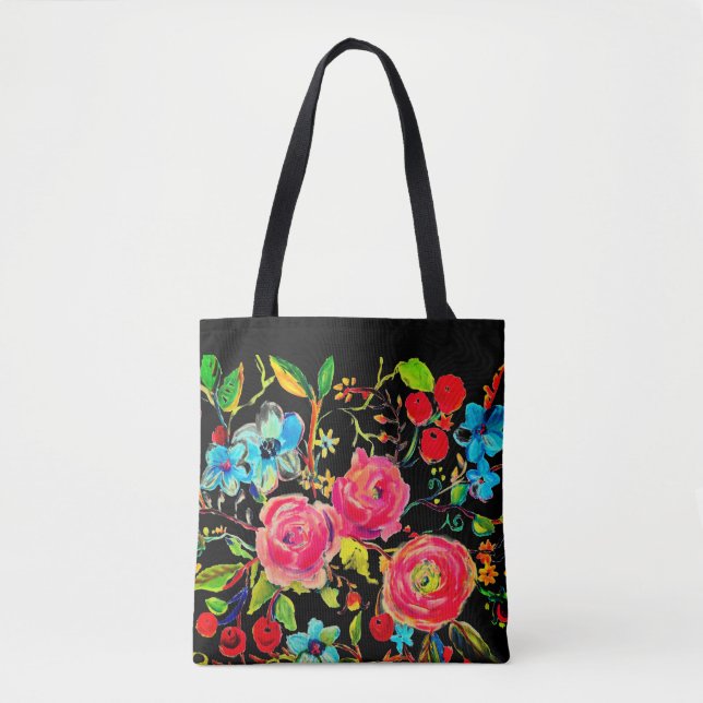 Bolso De Tela Rosa y flor de cerezo negro (Anverso)