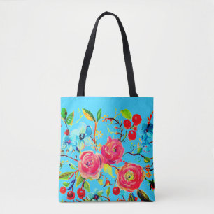 Bolso De Tela Rosa y flores de cerezo azul brillante
