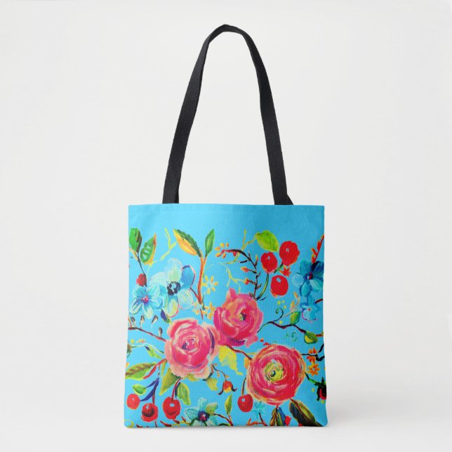 Bolso De Tela Rosa y flores de cerezo azul brillante (Anverso)