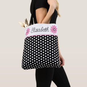 Bolso De Tela Rosa y Negro Con Lunares Blancos Personalizados