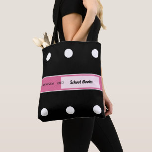 Bolso De Tela Rosa y negro con puntos y nombre para los libros e