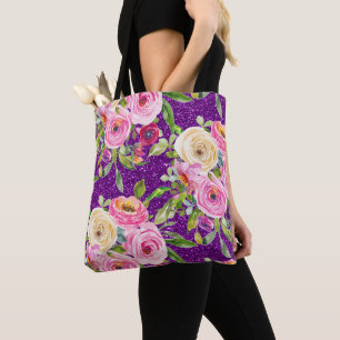 Bolso De Tela Rosas acuarelas en Purpurina rosa y morado crema