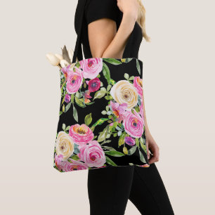 Bolso De Tela Rosas acuarelas en rosa y crema en negro