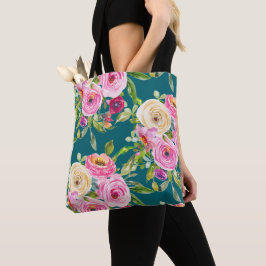 Bolso De Tela Rosas acuarelas en rosa y crema en Verde azulado