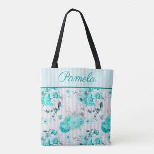 Bolso De Tela Rosas azul turquesa, rayas grises y monograma