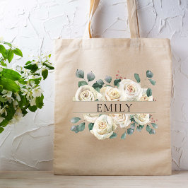 Bolso De Tela Rosas Blancas Elegantes Damas de Honor Nombre Pers