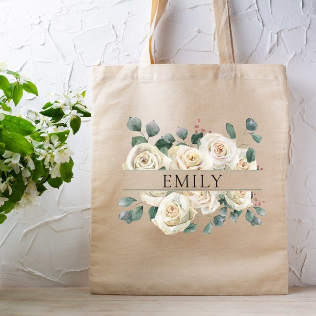 Bolso De Tela Rosas Blancas Elegantes Damas de Honor Nombre Pers (Subido por el creador)