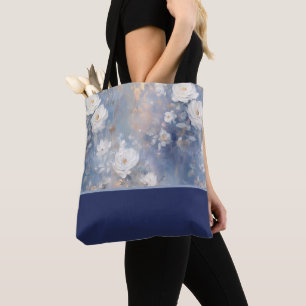Bolso De Tela Rosas blancas sobre fondo azul, bloque de color