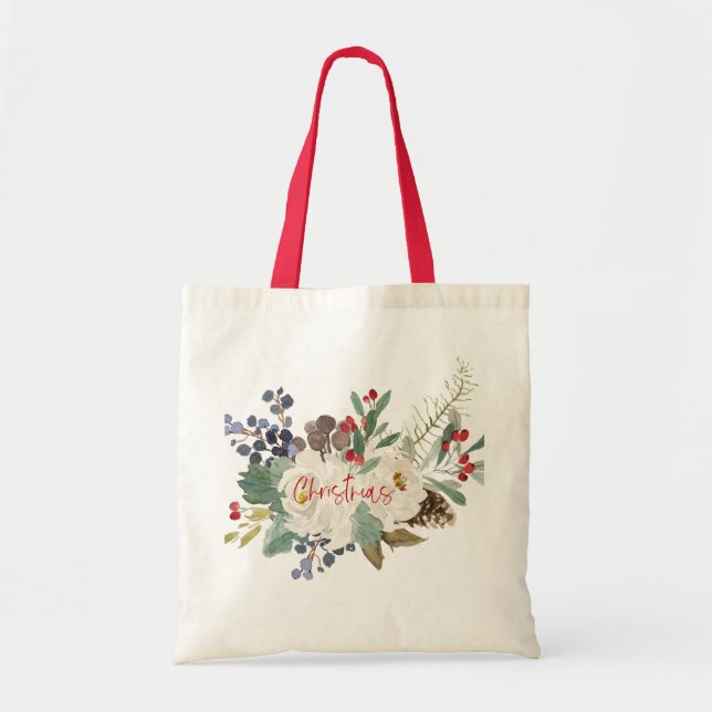 Bolso De Tela Rosas blancas y ramo de follaje para Navidades (Frente)