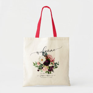 Bolso De Tela Rosas Burdeos+Rojizo Flores Acuarela Bienvenida