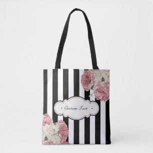 Bolso De Tela Rosas con las rayas blancos y negros