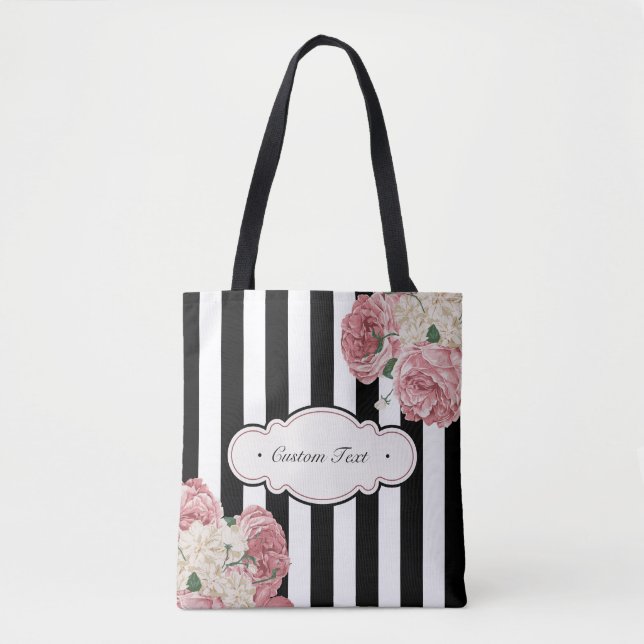 Bolso De Tela Rosas con las rayas blancos y negros (Anverso)
