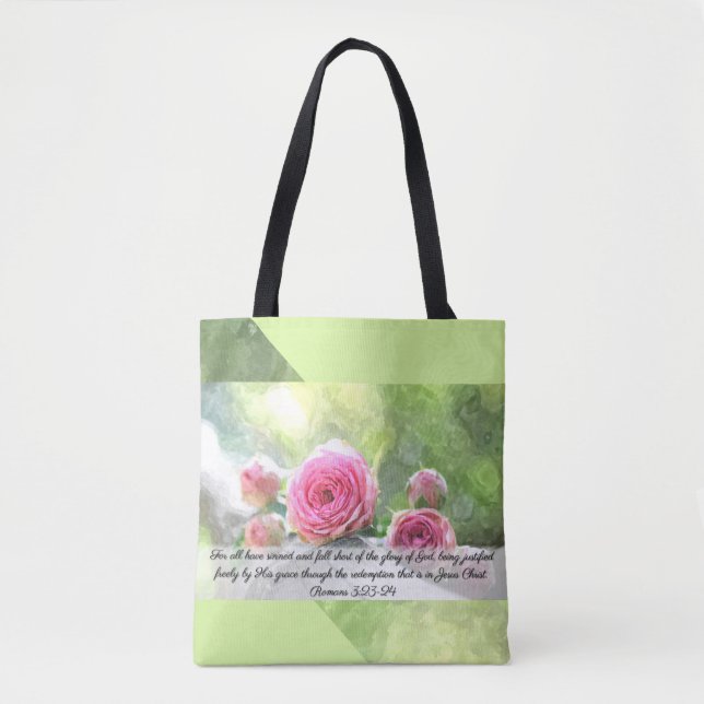 Bolso De Tela Rosas de acuarela Romanos 3:23 y 24 Tote (Anverso)
