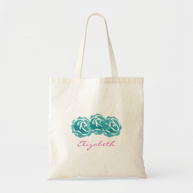 Bolso De Tela Rosas de acuarela verde azulada (Frente)