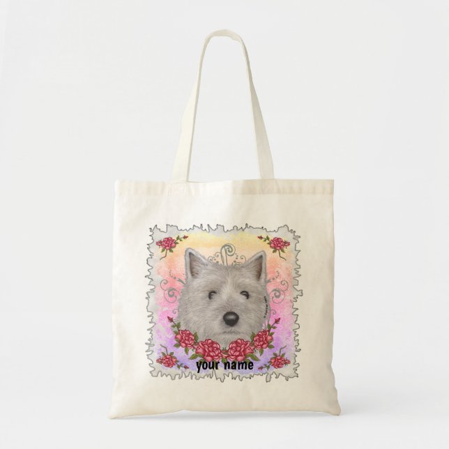 Bolso De Tela Rosas de Cairn Terrier nombre personalizado Tote B (Frente)