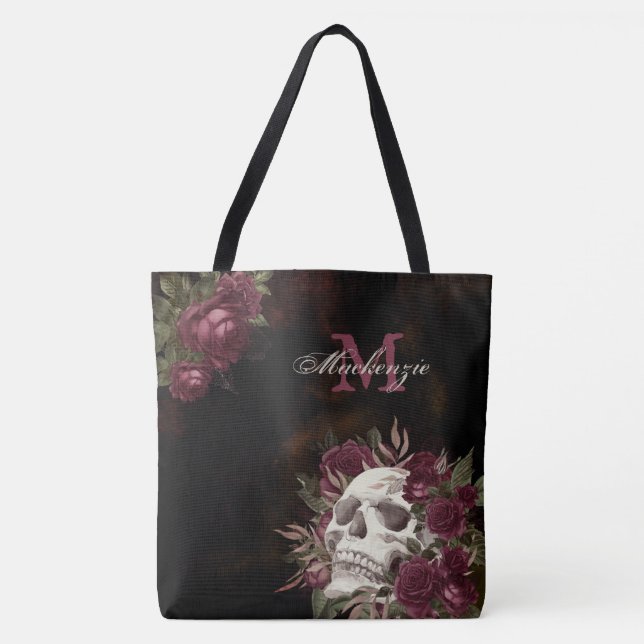 Bolso De Tela Rosas de cráneo Monograma Nombre Borgoña Negro Gru (Anverso)