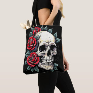 Bolso De Tela Rosas de cráneo Tattoo Art