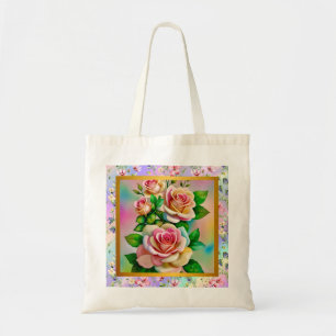 Bolso De Tela Rosas de Elegancia Rosa y Amarillo Acuarela Pastel