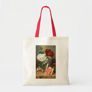 Bolso De Tela Rosas de jardín vintage en un jarrón de vidrio