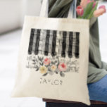 Bolso De Tela rosas de piano de música en follaje gris<br><div class="desc">bolsa de nombres personalizada de piano de música</div>