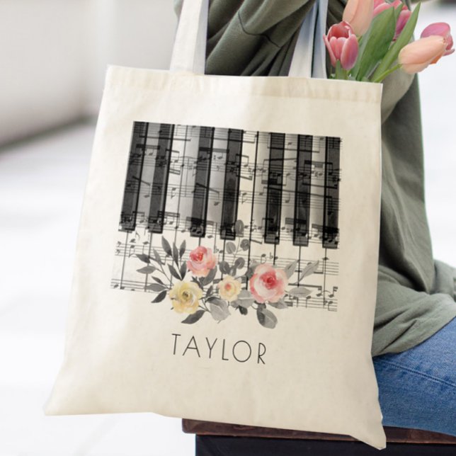 Bolso De Tela rosas de piano de música en follaje gris (Subido por el creador)