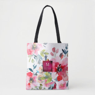 Bolso De Tela Rosas del jardín acuarela, rojo ocmbre + monograma