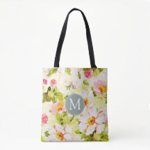 Rosas florales de época Peonies Monograma Tote Bag