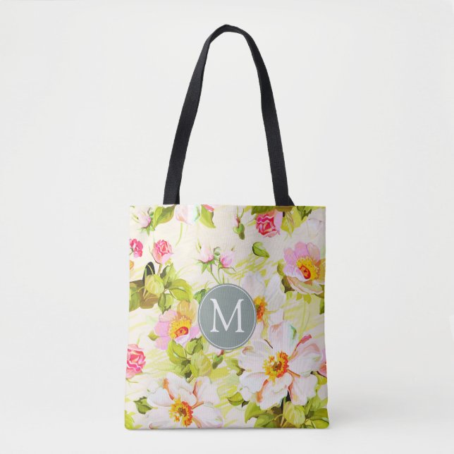 Bolso De Tela Rosas florales de época Peonies Monograma Tote Bag (Anverso)