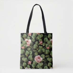 Bolso De Tela Rosas frágiles. Patrón floral sobre negro