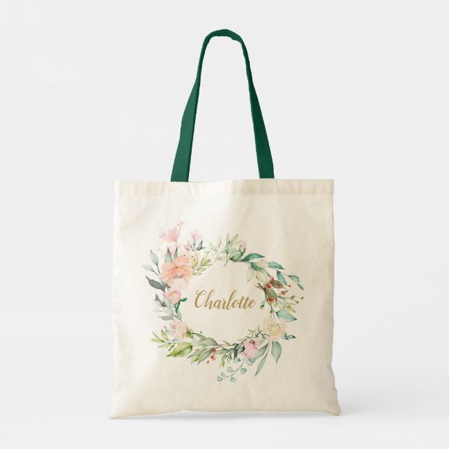 Bolso De Tela Rosas Garland Nombre de guión personalizado (Reverso)